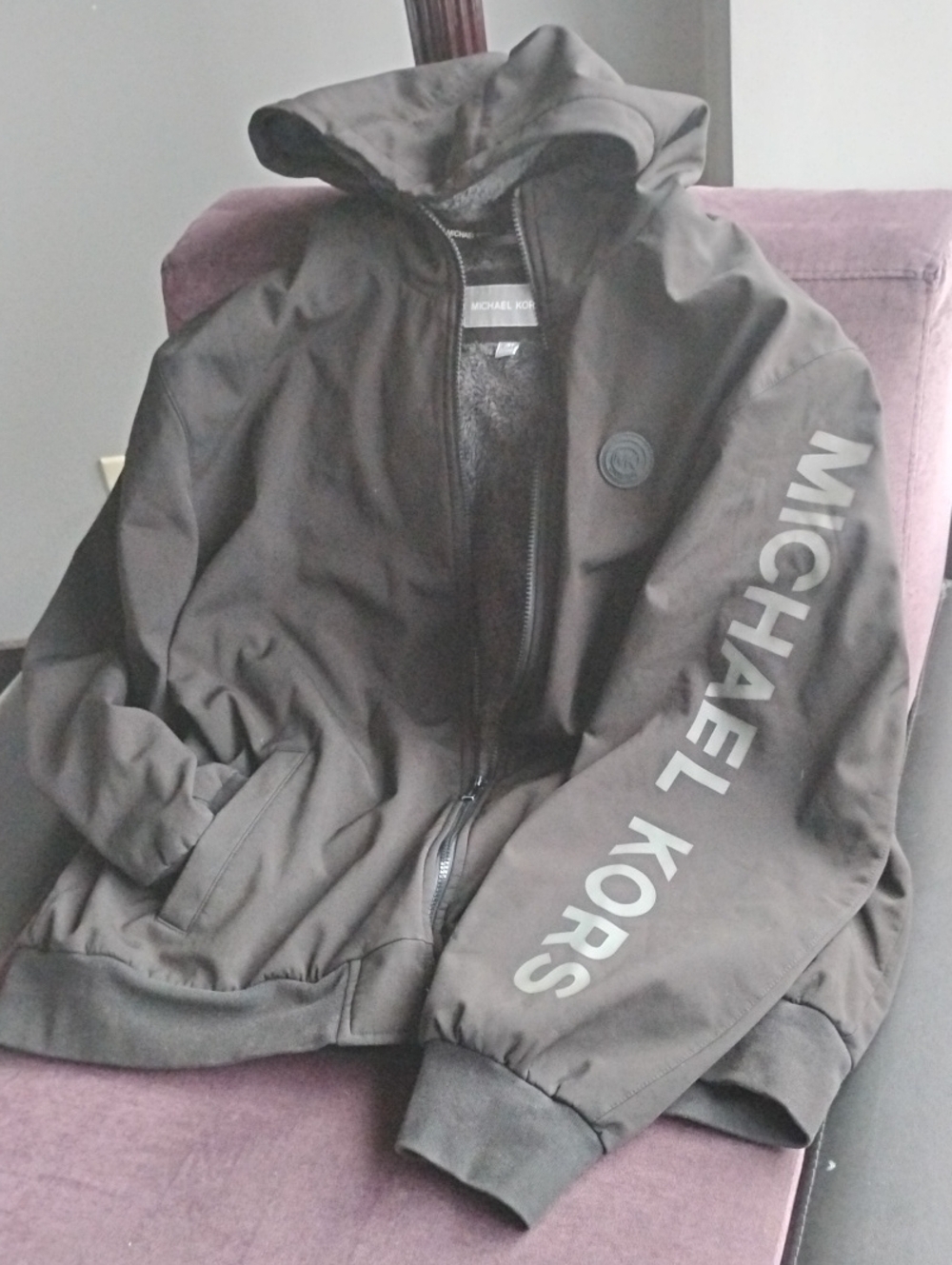 Michael Kors Men's Black Hooded Windbreaker with Sleeve Logo